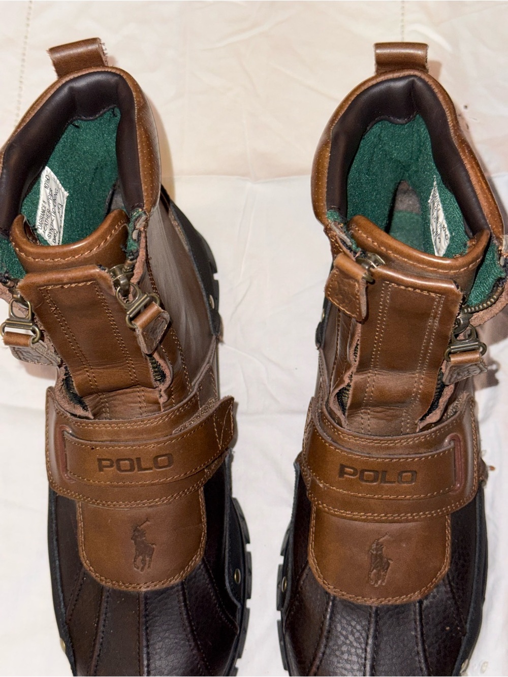 Ralph Lauren Polo Brown Leather Men's Lace & Strap Boots with Green Lining